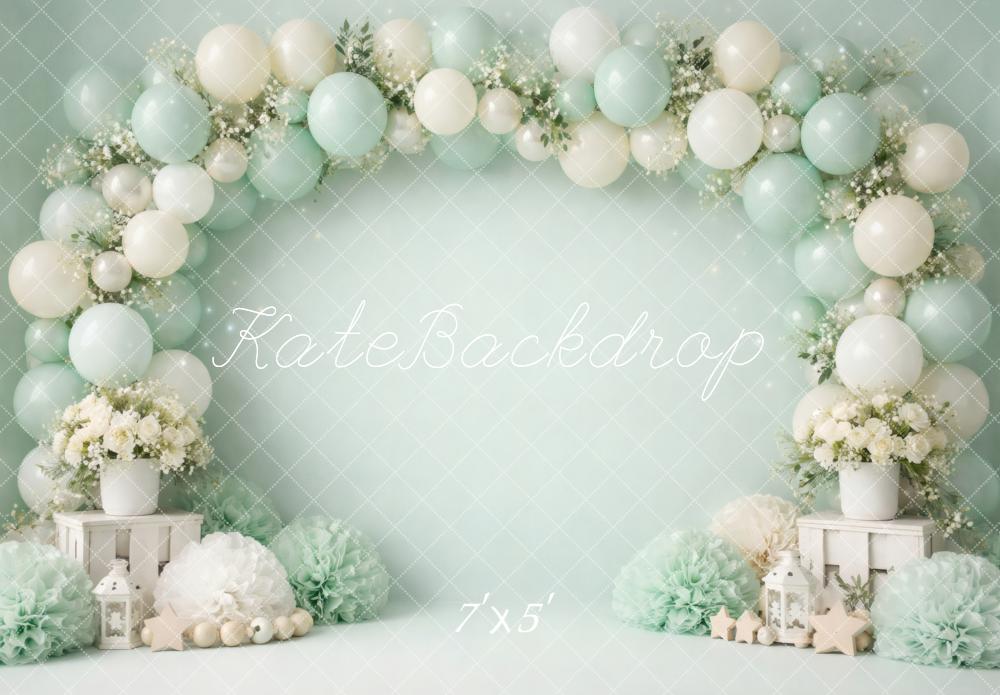 Kate Cake Smash Mint Balloon Flower Arch Stars Lanterns Printed Backdrop Designed by Vertigo Productions