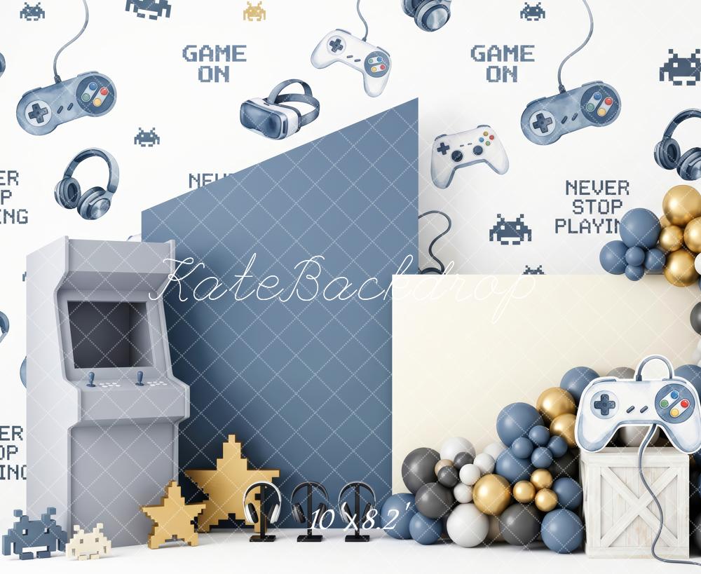 Kate Cake Smash Gaming Level-Up Room Controller Balloon Garland Printed Backdrop Designed by Patty Roberts