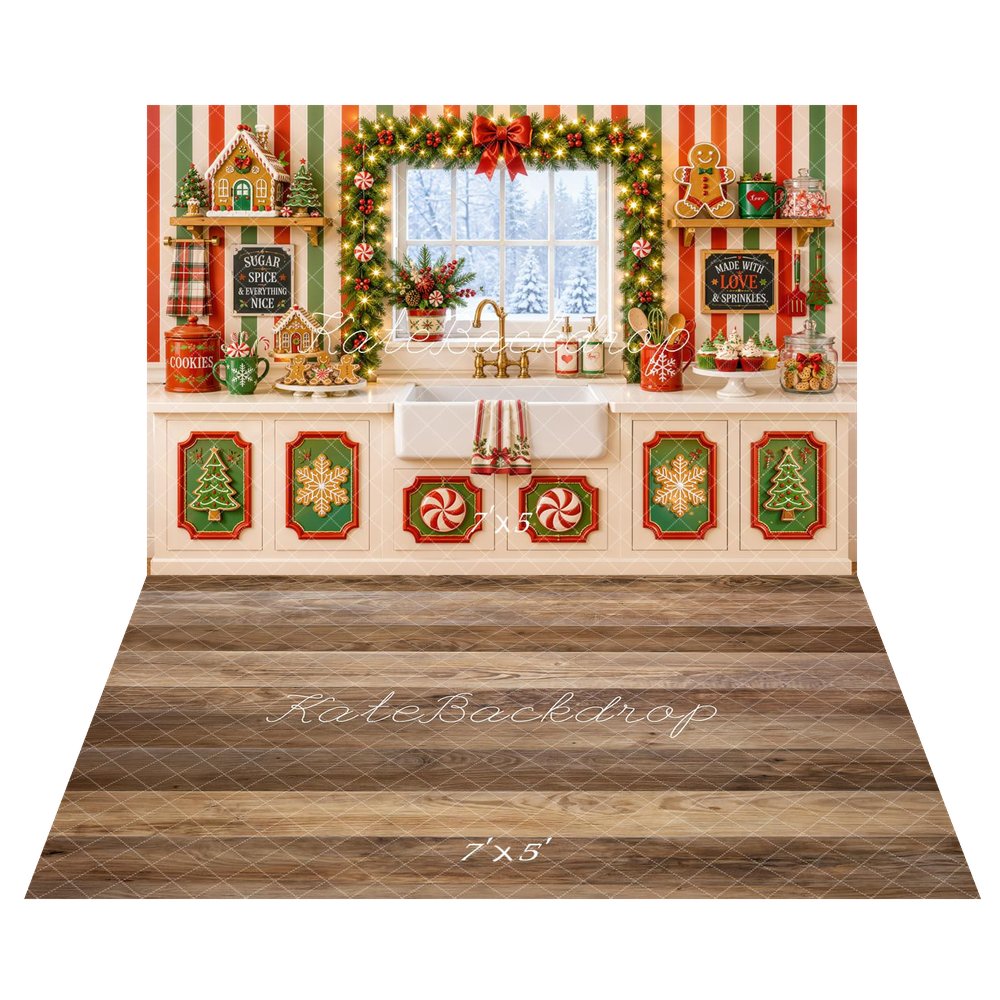 Kate Christmas Kitchen Gingerbread Cookies Peppermint Garland Printed Backdrop+Brown Wood Plank Floor Printed Backdrop