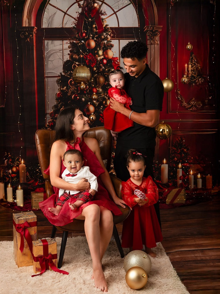 Kate Winter Christmas Tree Arched Window Red Retro Wall Backdrop Designed by Emetselch