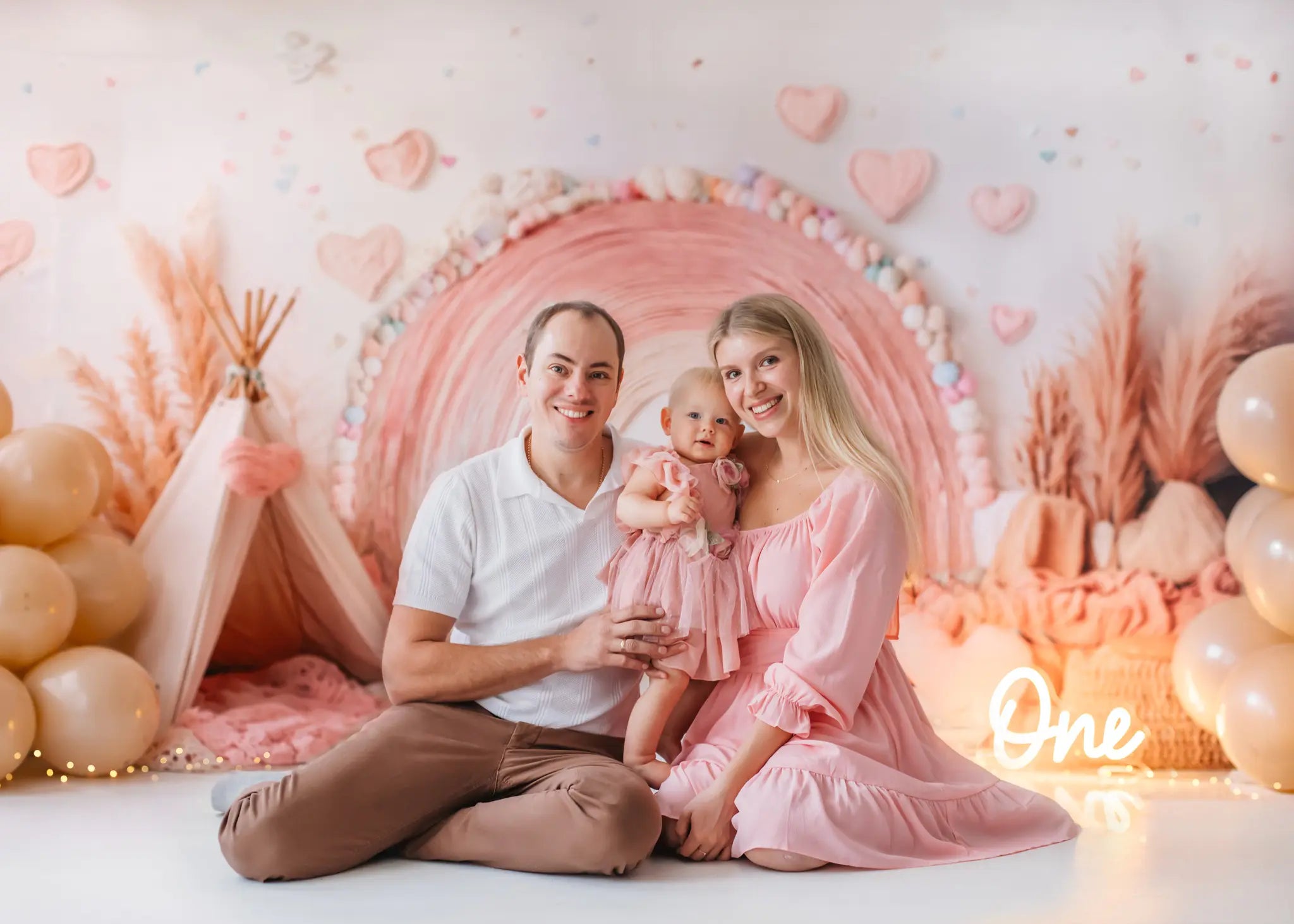 Boho Rainbow Tent Hearts Pink Foto Achtergrond Designed by Emetselch