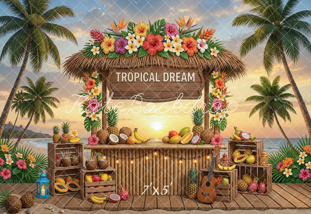 TEST Kate Beach Tropical Tiki Bar Palm Trees Fruit Sunset Printed Backdrop Designed by Chain Photography