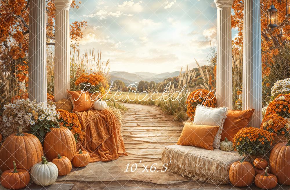 Kate Fall Rustic Pumpkins Columns Pathway Backdrop Designed by Emetselch