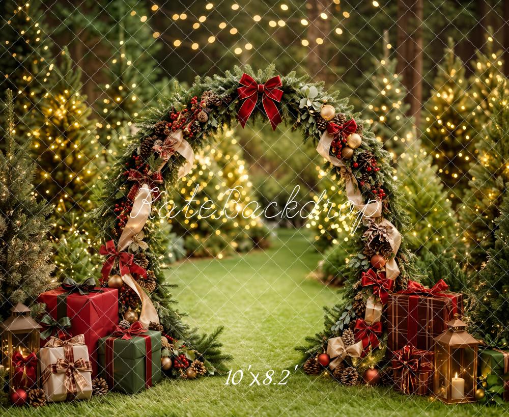 Kate Christmas Trees Greenery Arch Red Plaid Bows Gift Lights Printed Backdrop Designed by Emetselch