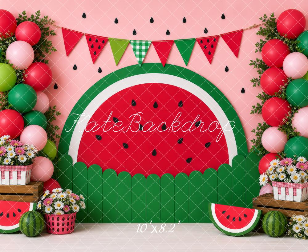 Kate Cake Smash Watermelon Balloons Flowers Crates Summer Printed Backdrop Designed by Shutter Swan Studios
