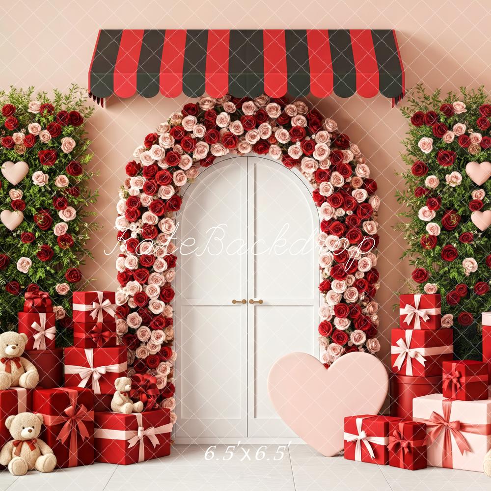 Kate Valentine's Day Flower Arch Red Gift Boxes Teddy Bears Backdrop Designed by Patty Roberts