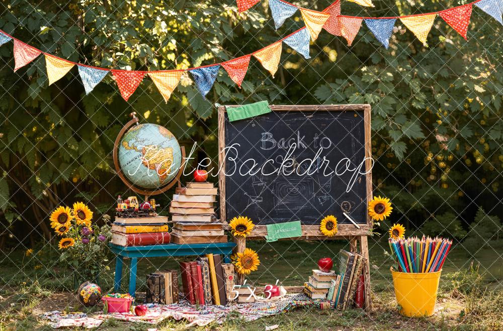 Kate Back To School Blackboard Books Globe Garden Sunflowers Backdrop Designed by Emetselch