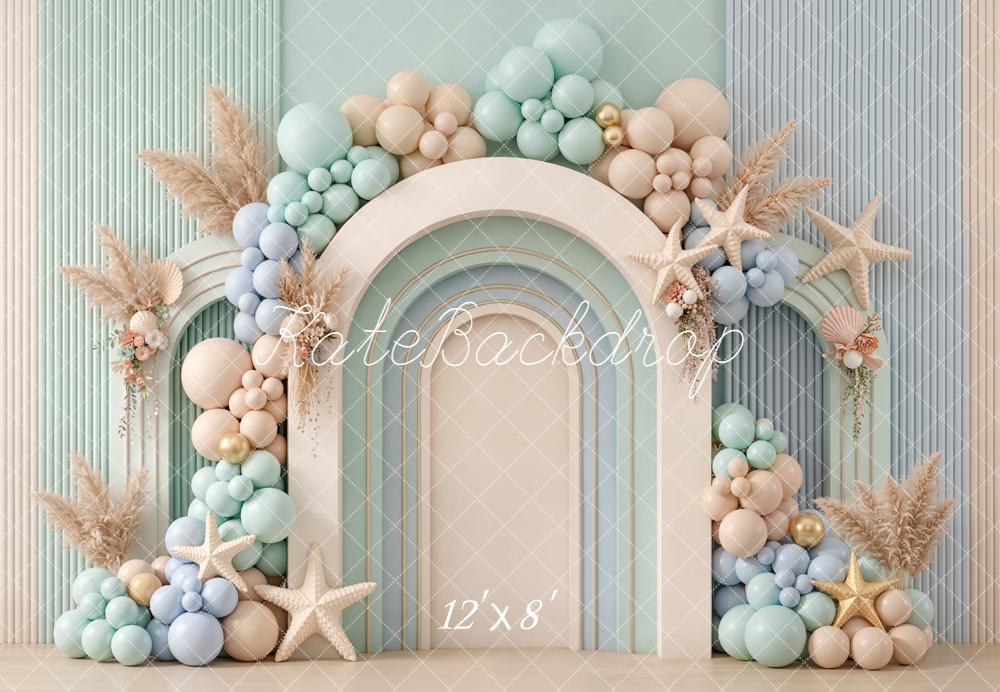 Kate Summer Cake Smash Arch Balloons Starfish Pampas Grass Pastel Printed Backdrop Designed by Emetselch