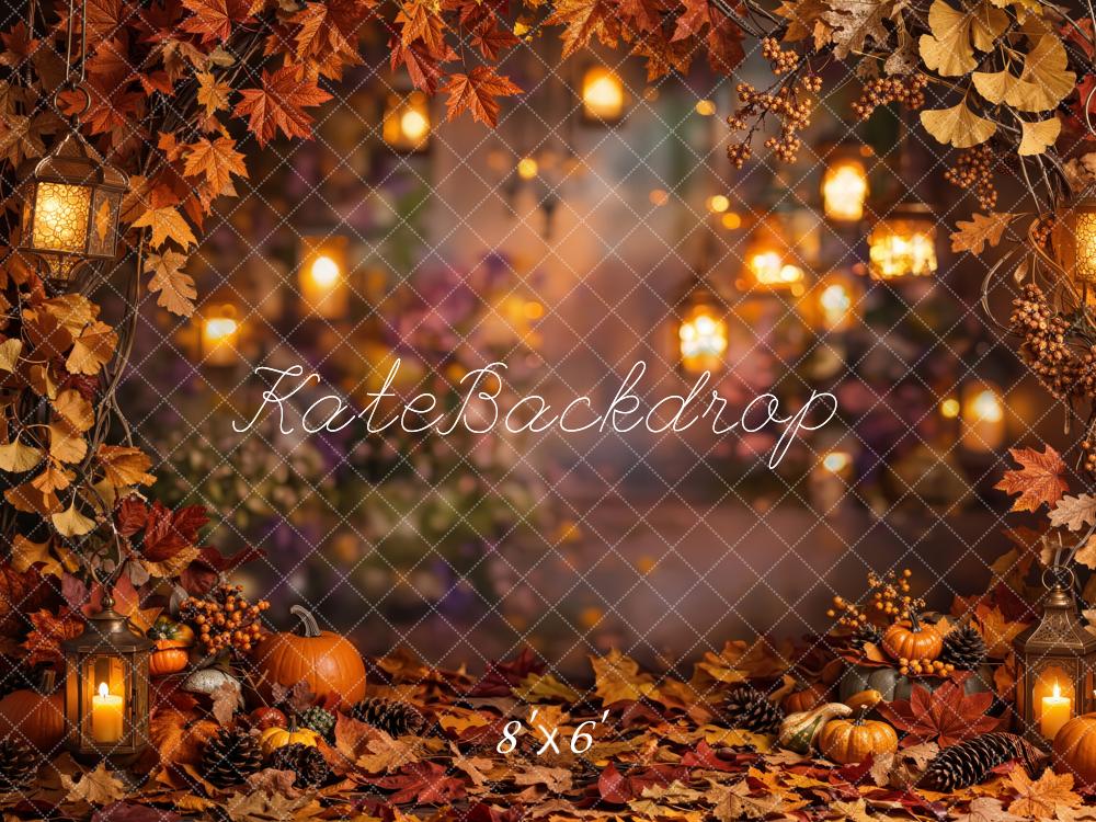Kate Fall Pumpkins Lantern Leaves Bokeh Printed Backdrop Designed by Emetselch