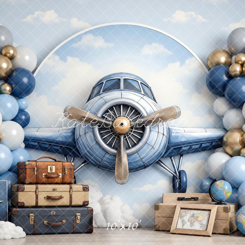 Kate Cake Smash Airplane Blue Balloons Clouds Suitcases Printed Backdrop Designed by Mini MakeBelieve