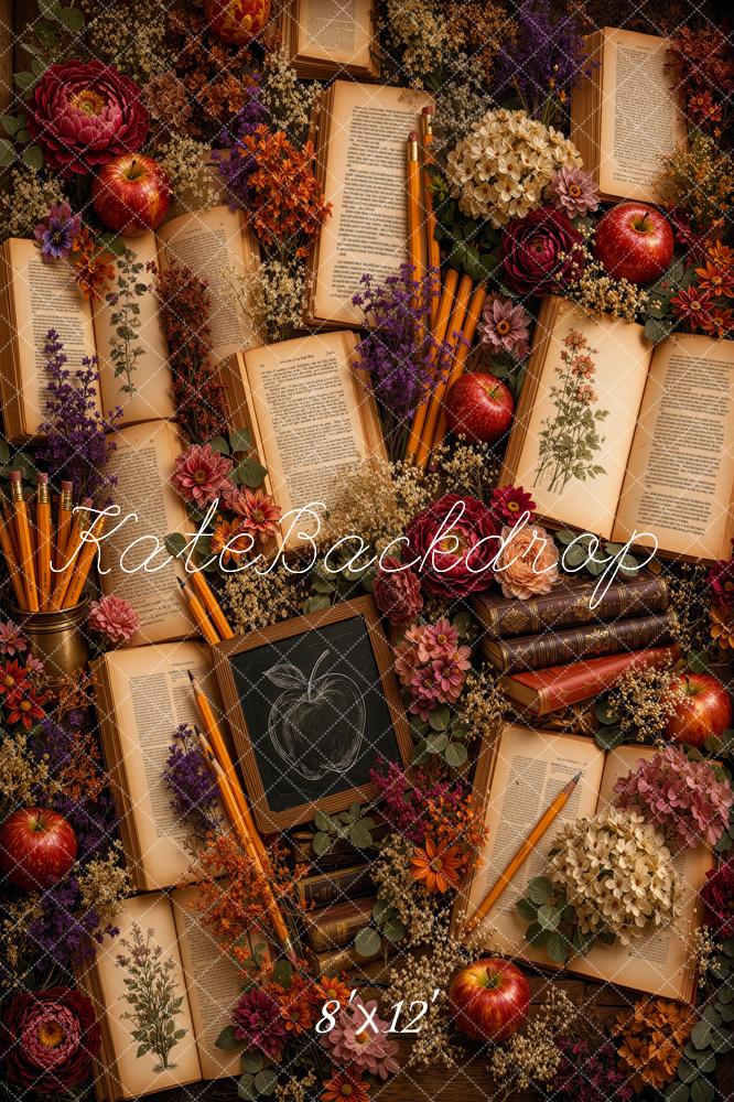 Kate Back to School Botanical Books Apples Flowers Chalkboard Printed Backdrop Designed by Ashley Ward