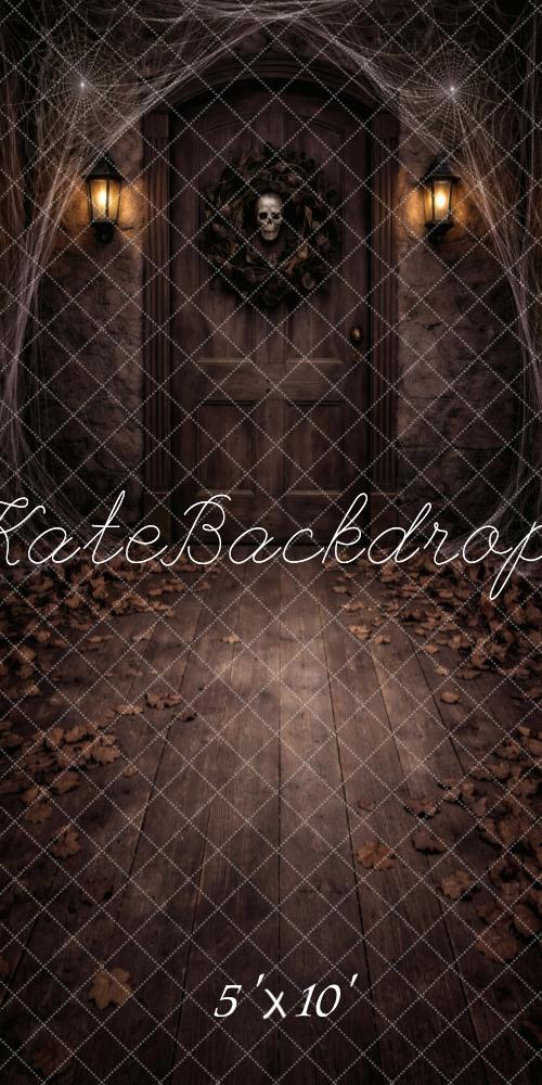 Kate Sweep Halloween Door Skull Wreath Cobwebs Falling Leaves Printed Backdrop Designed by Vertigo Productions