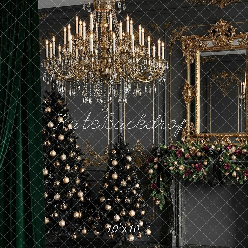 Kate Christmas Trees Luxury Gold Chandelier Garland Mirror Green Curtains Printed Backdrop Designed by Happy Squirrel Design