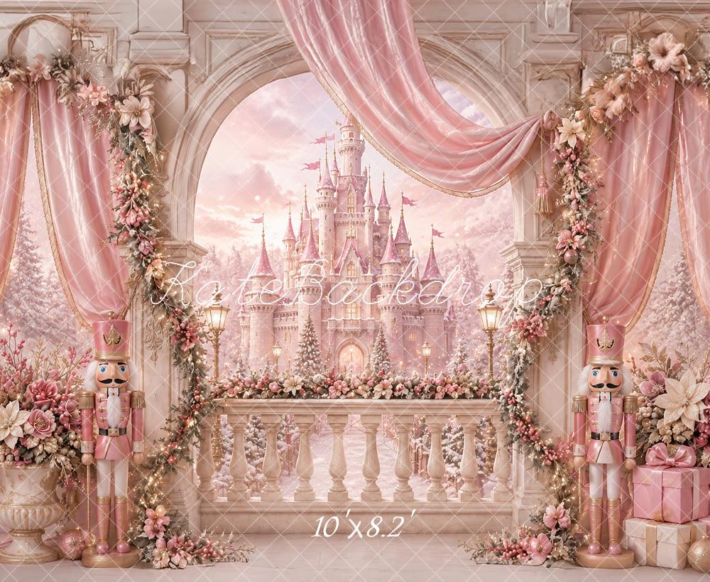 Kate Christmas Pink Castle Arch Nutcracker Drapery Flowers Printed Backdrop Designed by Ashley Paul