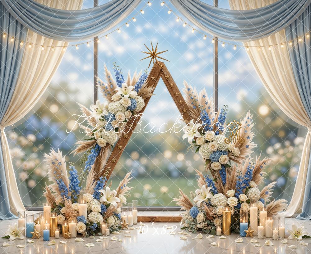 Kate Mother's Day Flower Arch Triangular Frame Candles Blue and White Drapes Printed Backdrop Designed by Emetselch