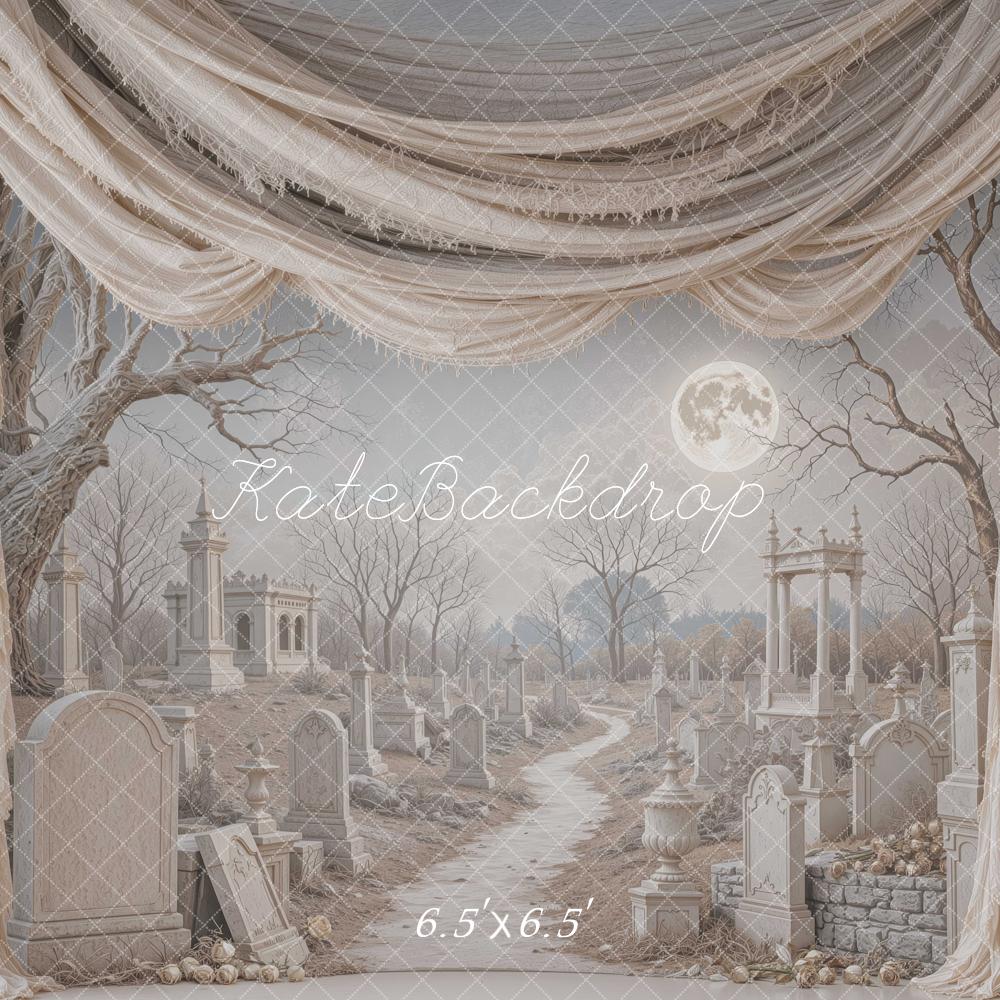 Kate Halloween Gray Cemetery Moon Drapes Tragedy Printed Backdrop Designed by Mini MakeBelieve