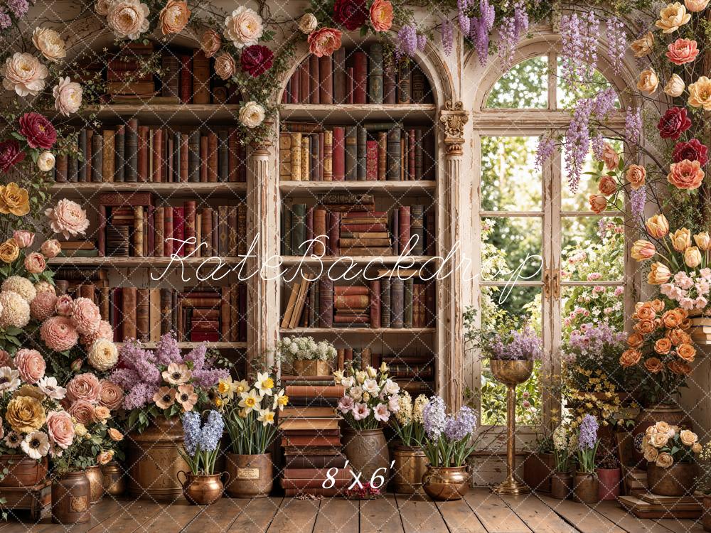 Kate Bookshelf Flower Arch Window Printed Backdrop Designed by Emetselch