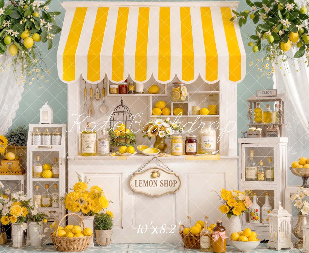 Kate Summer Lemon Shop Yellow Striped Awning Flowers Shelves Printed Backdrop Designed by Emetselch