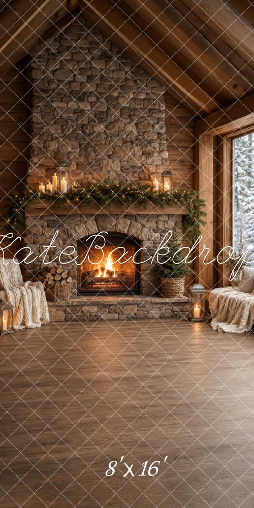 Kate Sweep Christmas Cozy Cabin Stone Fireplace Printed Backdrop Designed by Happy Squirrel Design