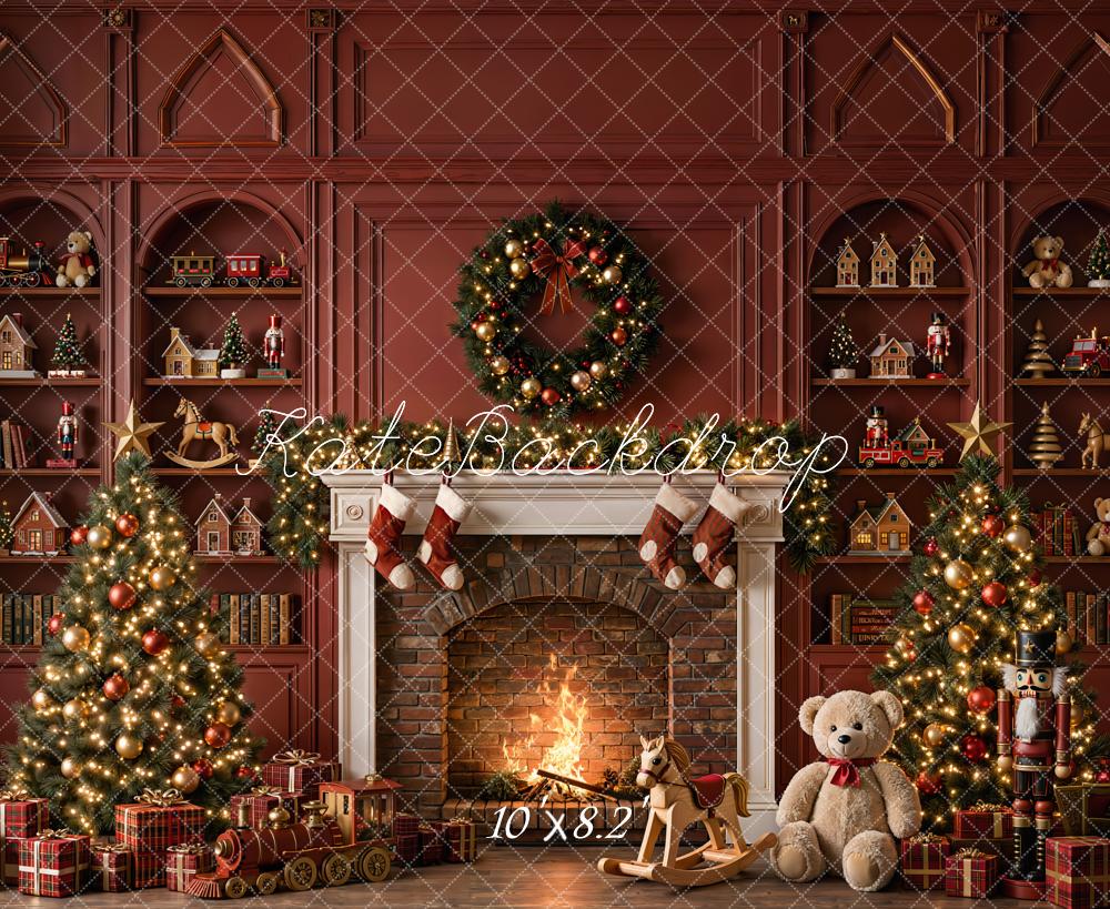 Kate Christmas Fireplace Tree Wreath Gifts Red Toys Wall Printed Backdrop Designed by Emetselch