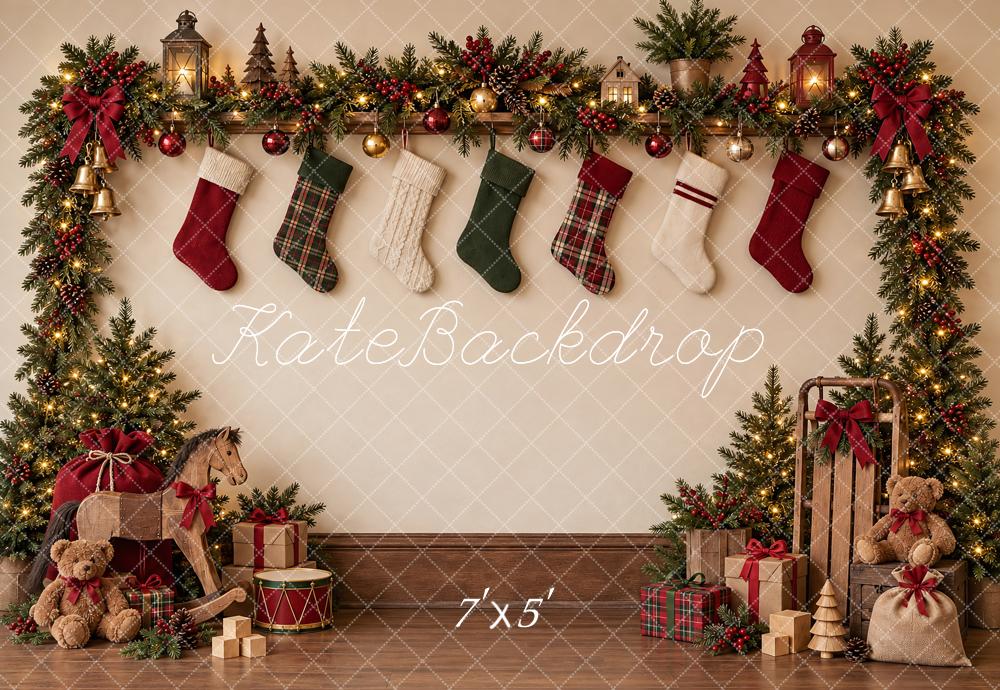 Kate Christmas Stocking Garland Gifts Rocking Horse Printed Backdrop Designed by Vertigo Productions