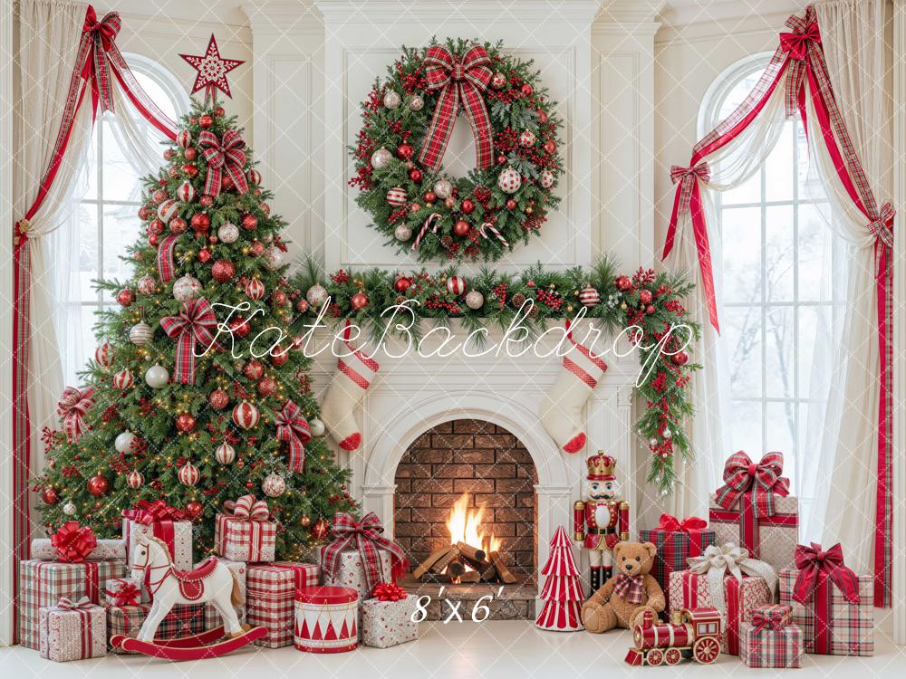 Kate Christmas Fireplace Tree Red Plaid Arched Window Wreath Printed Backdrop Designed by Mini MakeBelieve