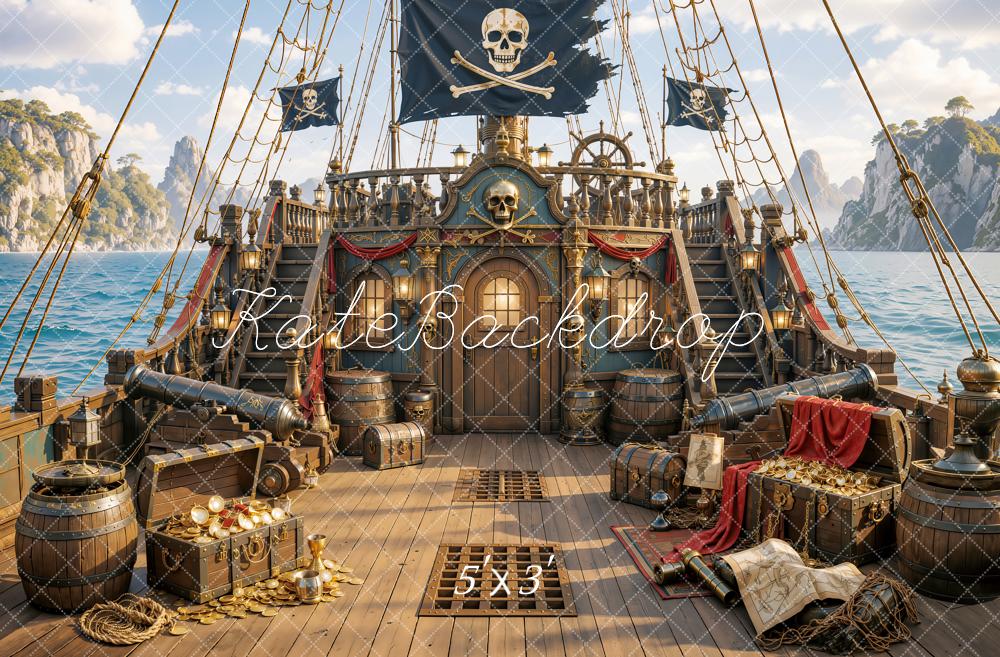 Kate Adventure Pirate Ship Treasure Ocean Deck Printed Backdrop Designed by Emetselch