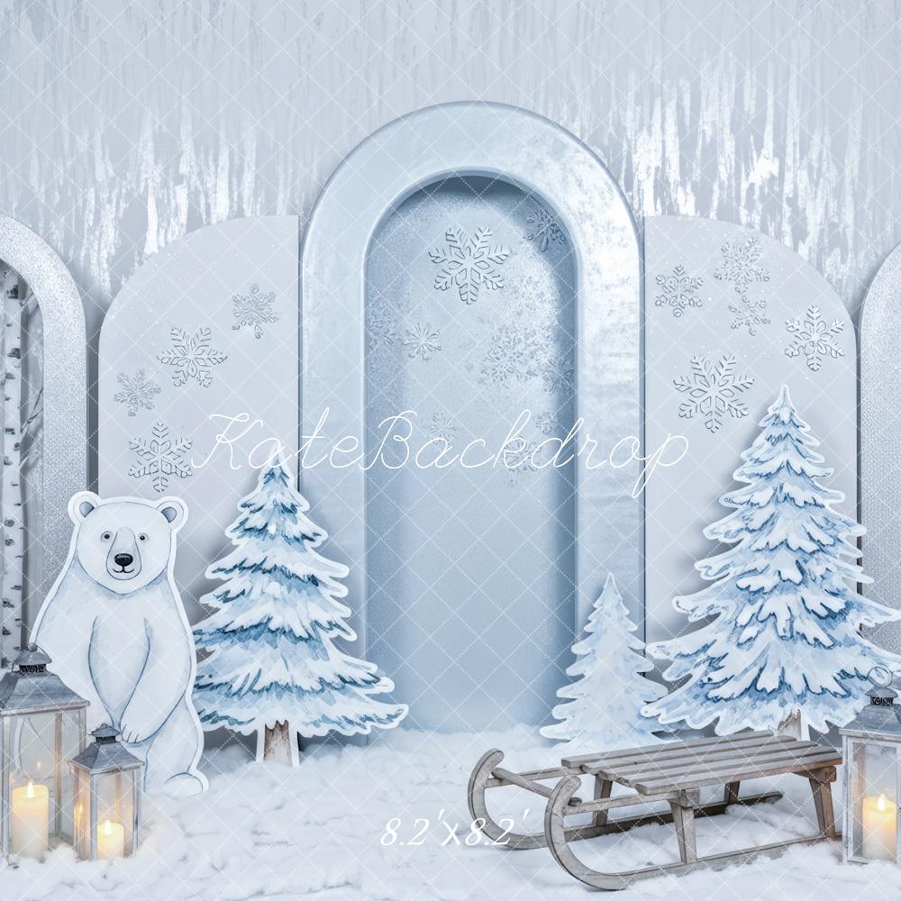 Kate Winter Cake Smash Polar Bear Snowy Trees Sled Printed Backdrop Designed by Patty Roberts