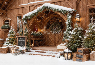 Kate Christmas Snowy Wooden Porch Pine Trees Printed Backdrop Designed by Emetselch