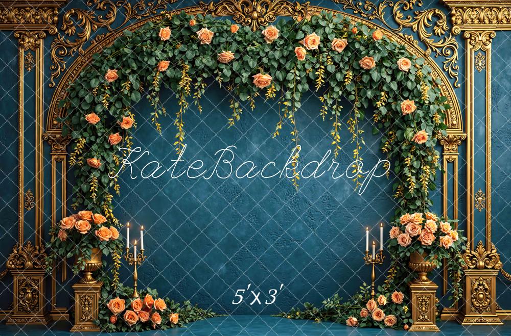 Kate Spring Flower Arch Gold Ornate Blue Floral Roses Printed Backdrop Designed by Mini MakeBelieve