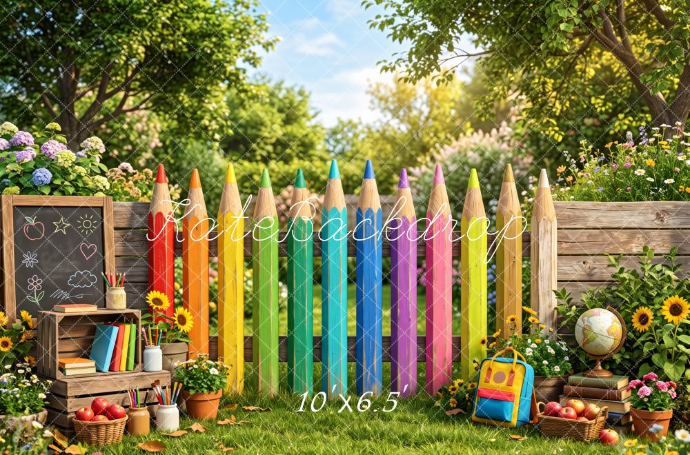 Kate Back To School Colorful Pencil Fence Garden Printed Backdrop Designed by Patty Roberts