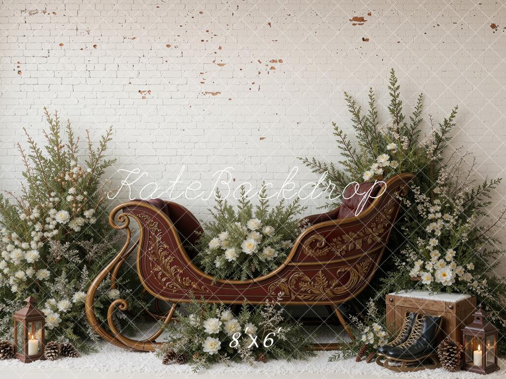 Kate Christmas Sleigh White Flowers Pine Greenery Brick Wall Printed Backdrop Designed by Ashley Ward