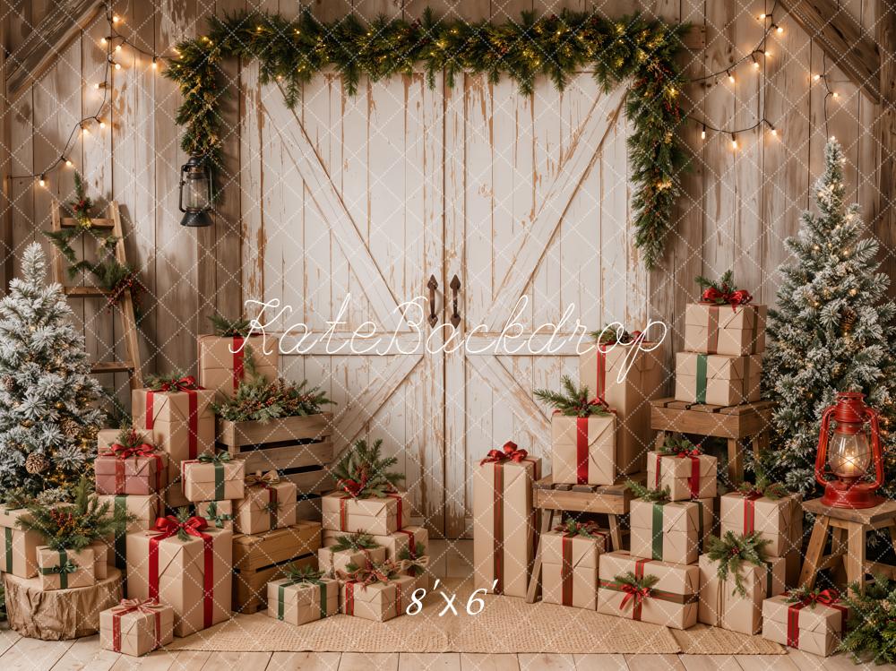 Kate Christmas Rustic White Barn Door Trees Gifts Printed Backdrop Designed by Emetselch