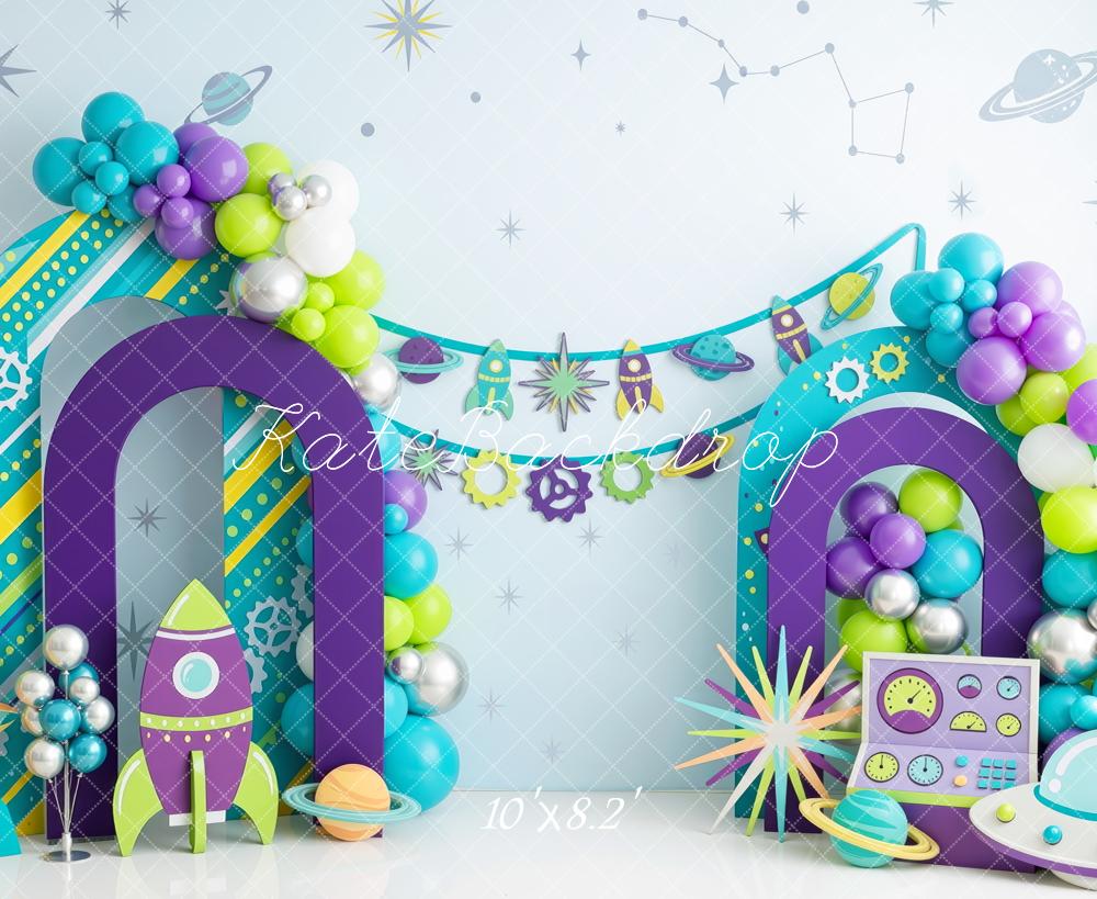 Kate Birthday Space Balloon Arch Rockets Purple Green Printed Backdrop Designed by Mini MakeBelieve