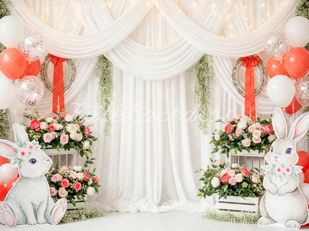 Kate Easter Bunny Balloons Floral White Drapes Backdrop Designed by Patty Roberts