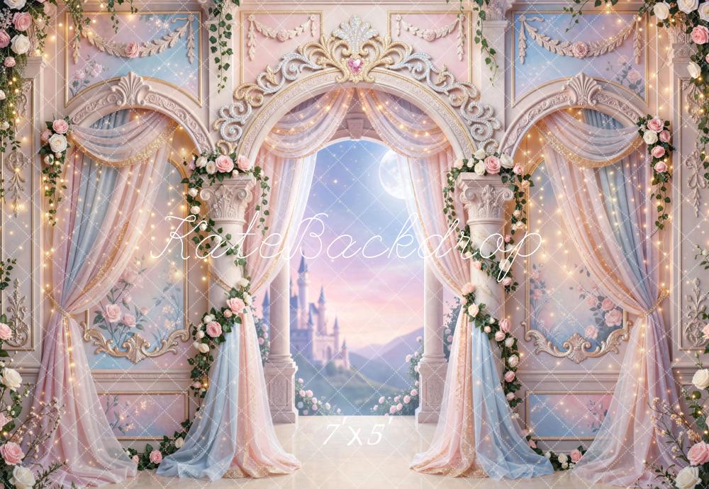 Kate Fairy Fantasy Pink Castle Rose Arch Printed Backdrop Designed by Mini MakeBelieve