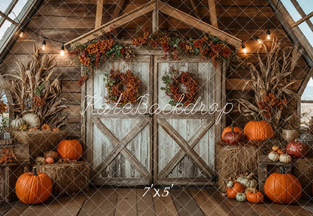 Kate Fall Rustic Barn Pumpkins Haystack Wood Printed Backdrop Designed