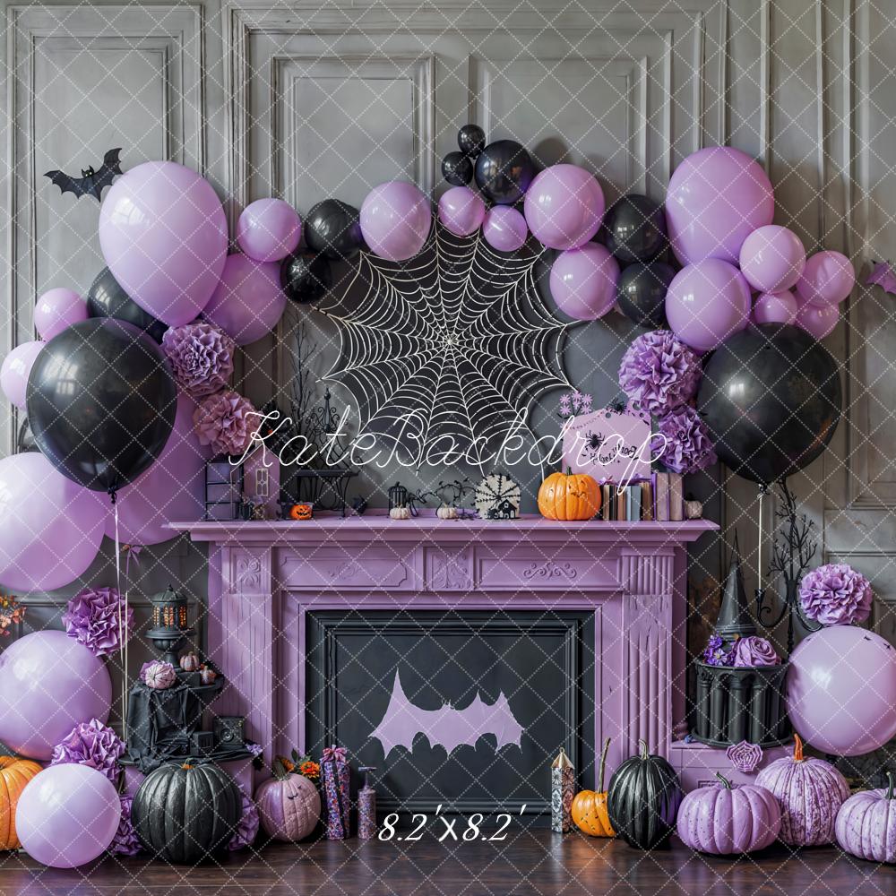 Kate Halloween Fireplace Purple Balloons Spider Web Pumpkins Backdrop Designed by Emetselch