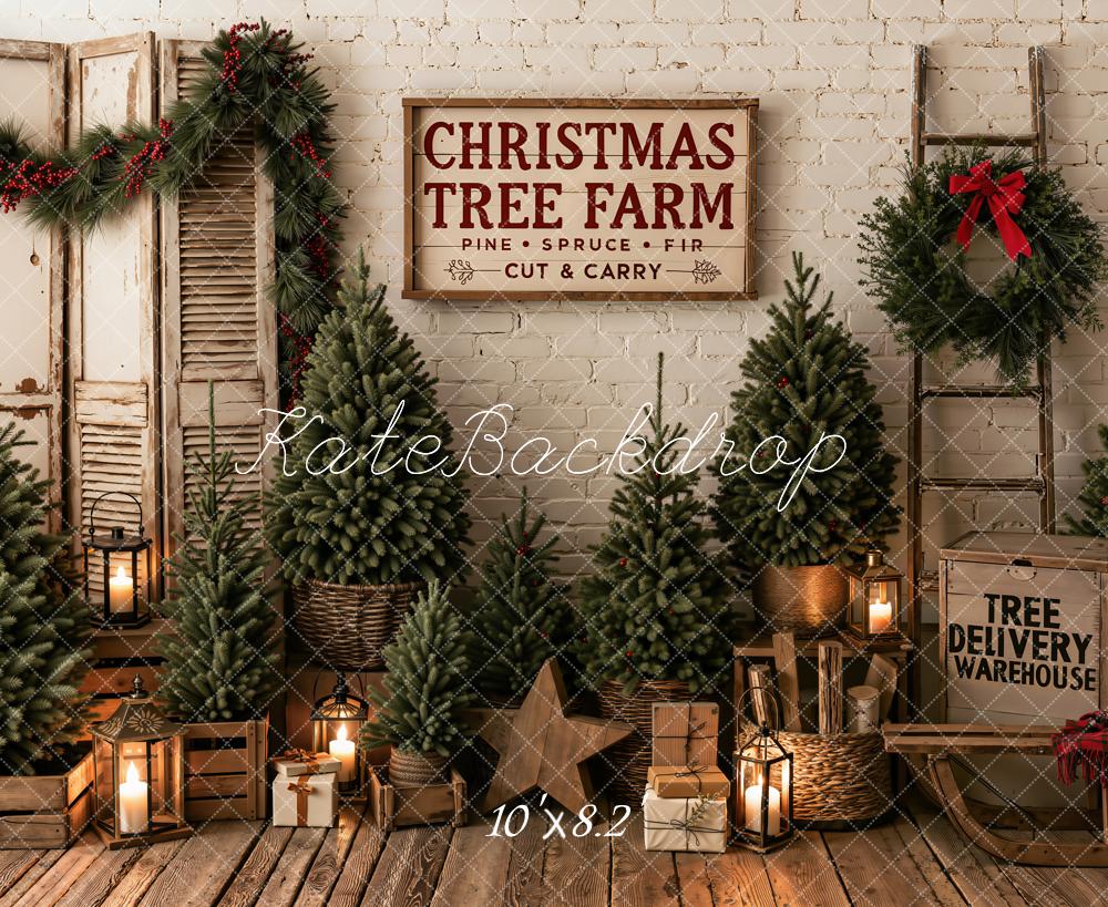 Kate Christmas Tree Farm Rustic Pine Trees Garland Printed Backdrop Designed by Emetselch