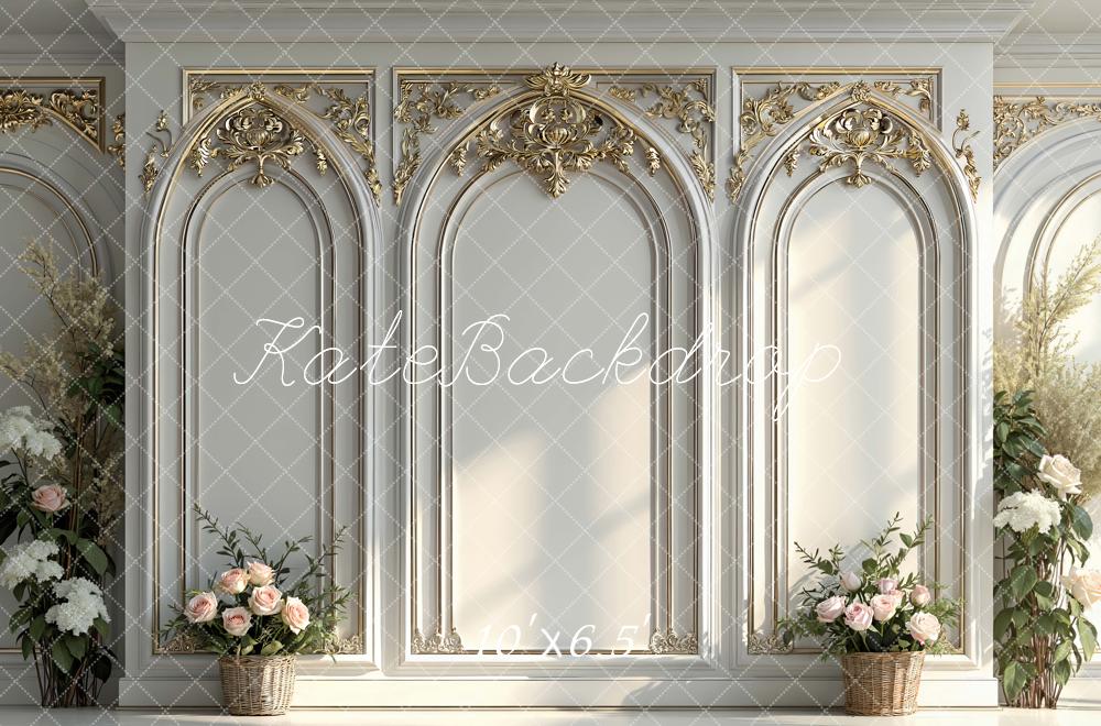 Kate White Gold Ornate Arch Wall With Flower Baskets Backdrop Designed by Mini MakeBelieve