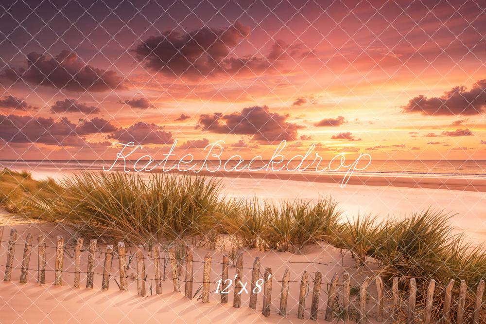 Kate Summer Beach Sunset Sand Dunes Grass Fence Printed Backdrop Designed by Emetselch