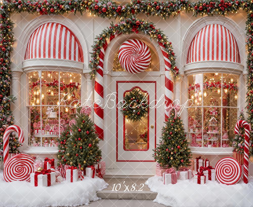 Kate Christmas Candy Shop Peppermint Candy Canes Trees Striped Awning Printed Backdrop Designed by Emetselch