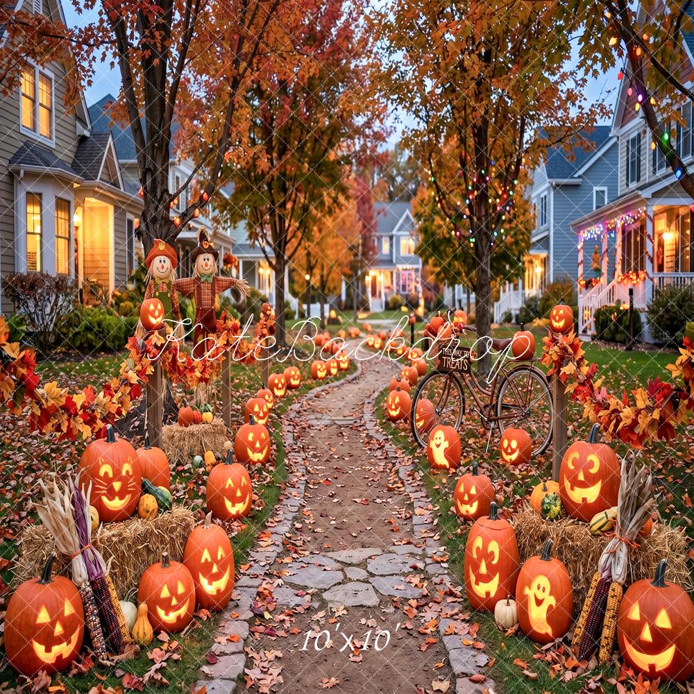 Kate Halloween Pumpkin Pathway Fall Neighborhood Printed Backdrop Designed by Angela Miller