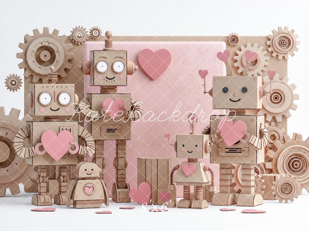 Kate Valentine's Day Wood Robot Pink Hearts Gears Printed Backdrop Designed by Angela Miller