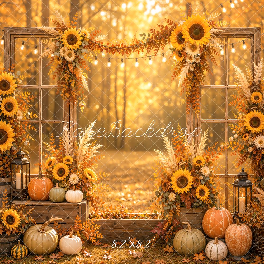 Kate Fall Forest Sunflower Pumpkins Arch Window Door Printed Backdrop Designed by Emetselch