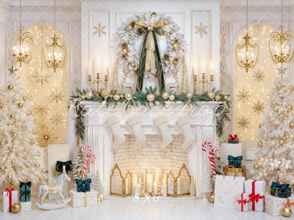 Kate Christmas White Gold Fireplace Wreath Trees Candlestick Printed Backdrop Designed by Mini MakeBelieve