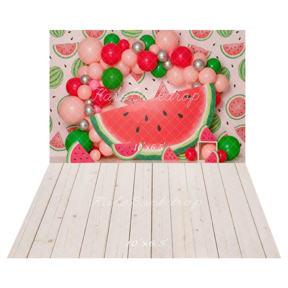 Kate Summer Watermelon Balloon Garland Fruit Pattern Backdrop+Beige Wood Plank Floor Backdrop