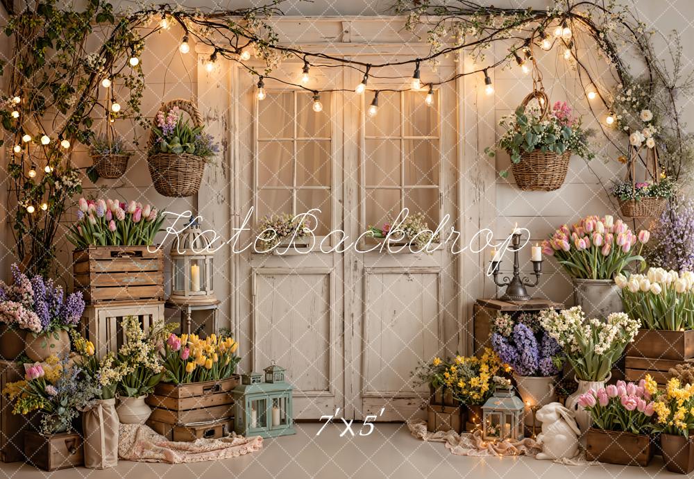 Kate Spring Flower Crates Rustic Door String Lights Printed Backdrop D