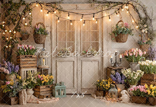 Kate Spring Flower Crates Rustic Door String Lights Printed Backdrop Designed by Emetselch