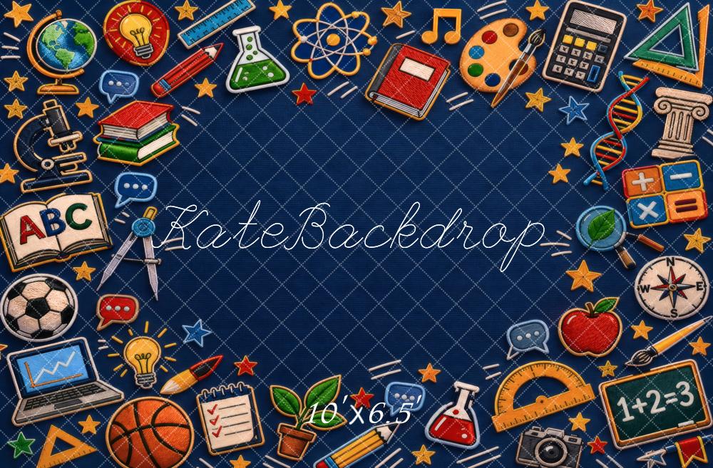 Kate Back To School Blue Books Globe Calculator Art Sports Printed Backdrop Designed by Vertigo Productions